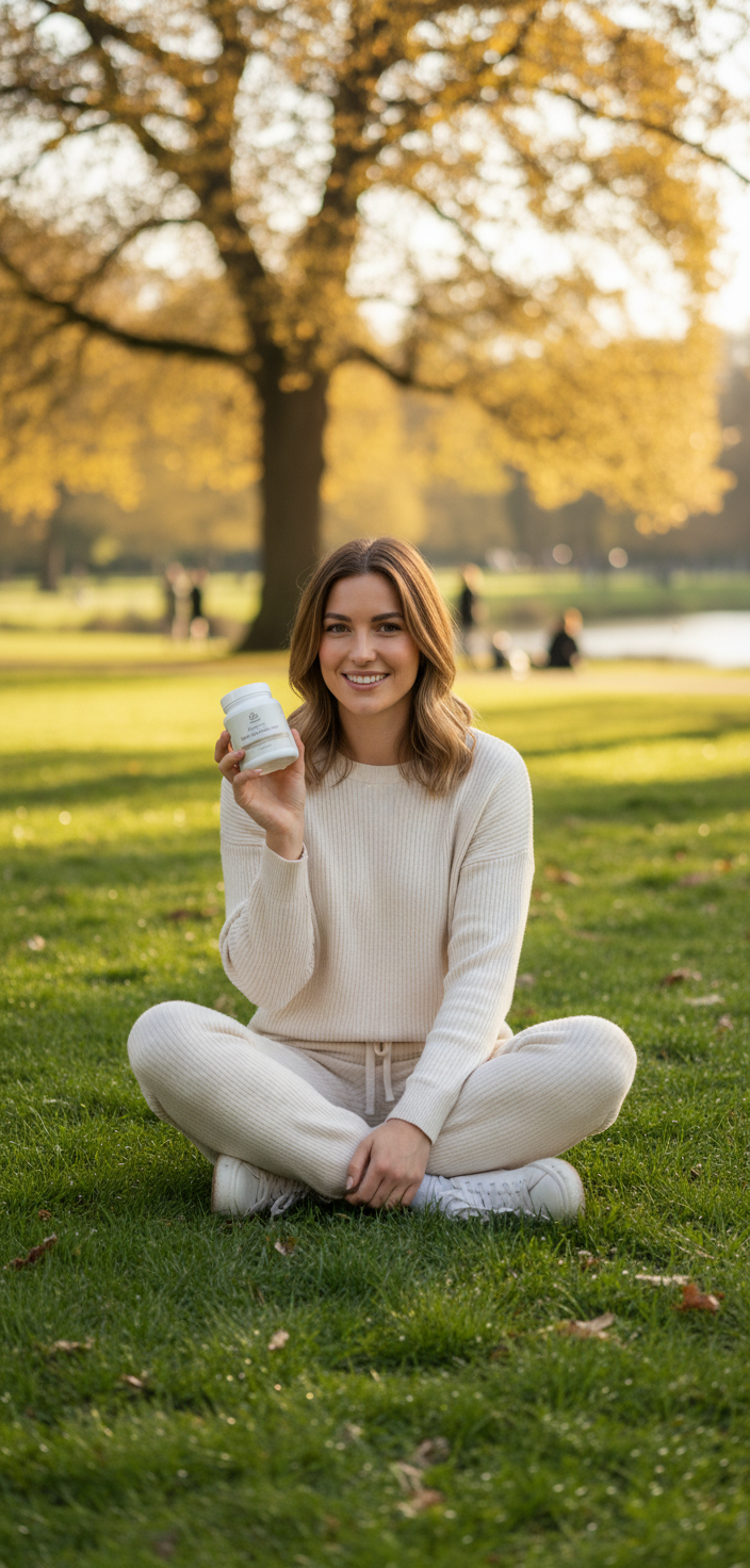 Woman enjoying morning wellness routine outdoors with Acai Vitality Glow Surge – YouLoseWeightNow!