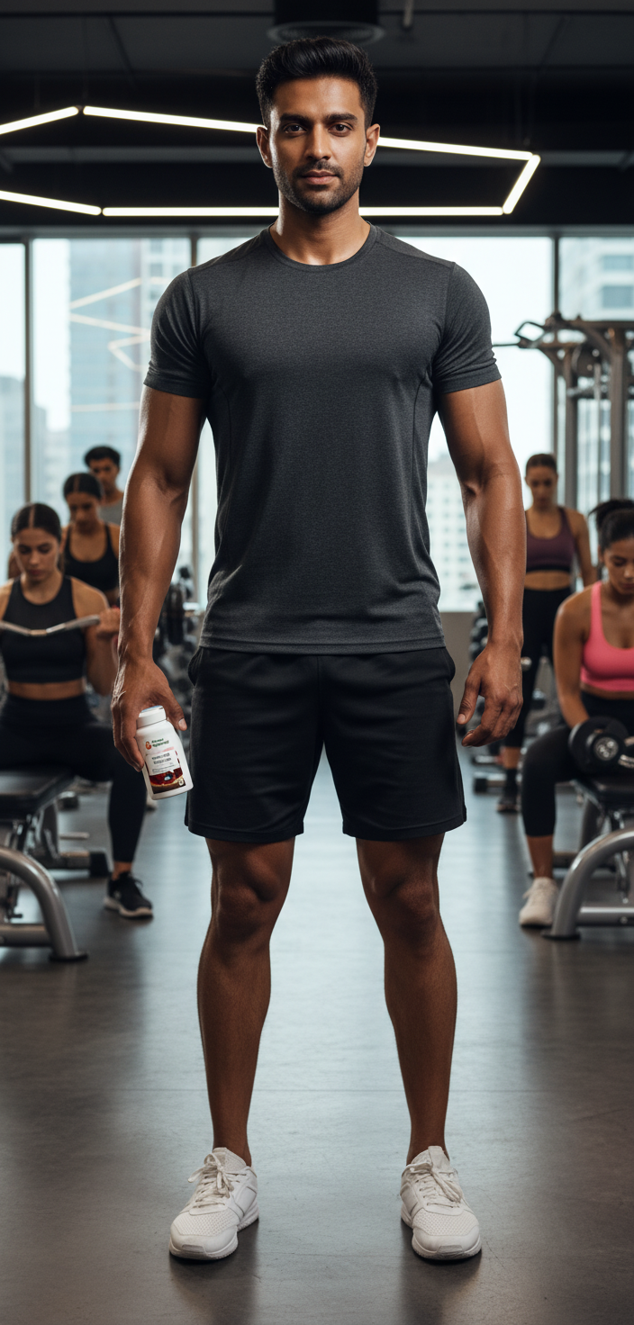 South Asian man at the gym holding Antarctic Krill Oil Omega Surge supplement — active lifestyle, omega-3 support — YouLoseWeightNow!