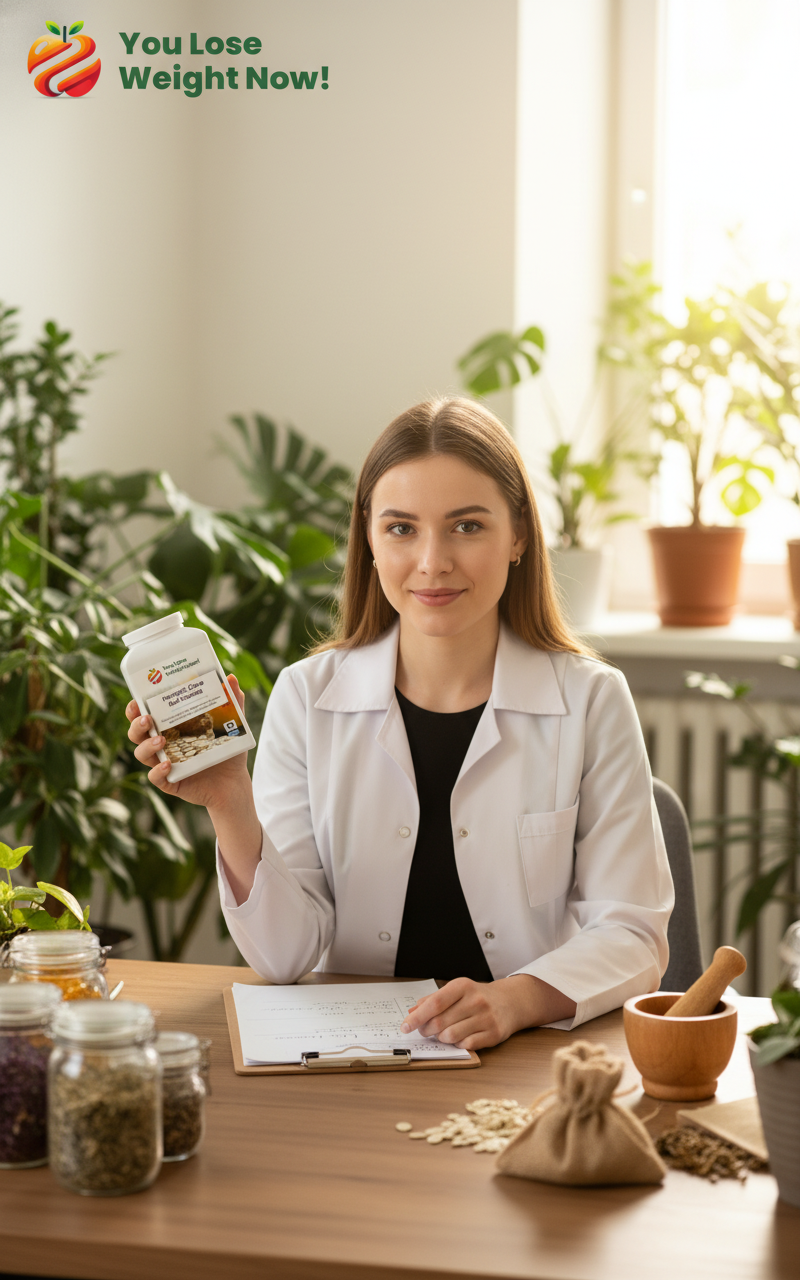 A young White female naturopath in a bright, plant-filled consultation room holds the YouLoseWeightNow! Pumpkin Clove Gut Cleanse pot while reviewing notes on a clipboard. Dried herbs and glass jars of botanicals are arranged on the wooden desk beside her. The YouLoseWeightNow! logo is visible in the top left corner of the image.
