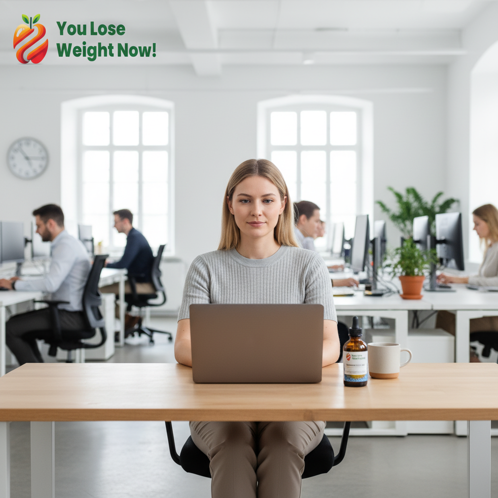 White woman at an open plan office desk with a YouLoseWeightNow! dropper bottle beside her laptop, lifestyle photography