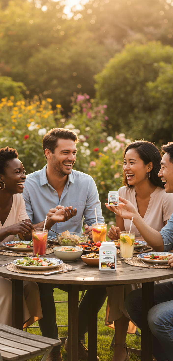 Happy family enjoying time in a garden with YouLoseWeightNow! Cherry Beetroot Energy Surge — supporting energy and immunity for the whole family