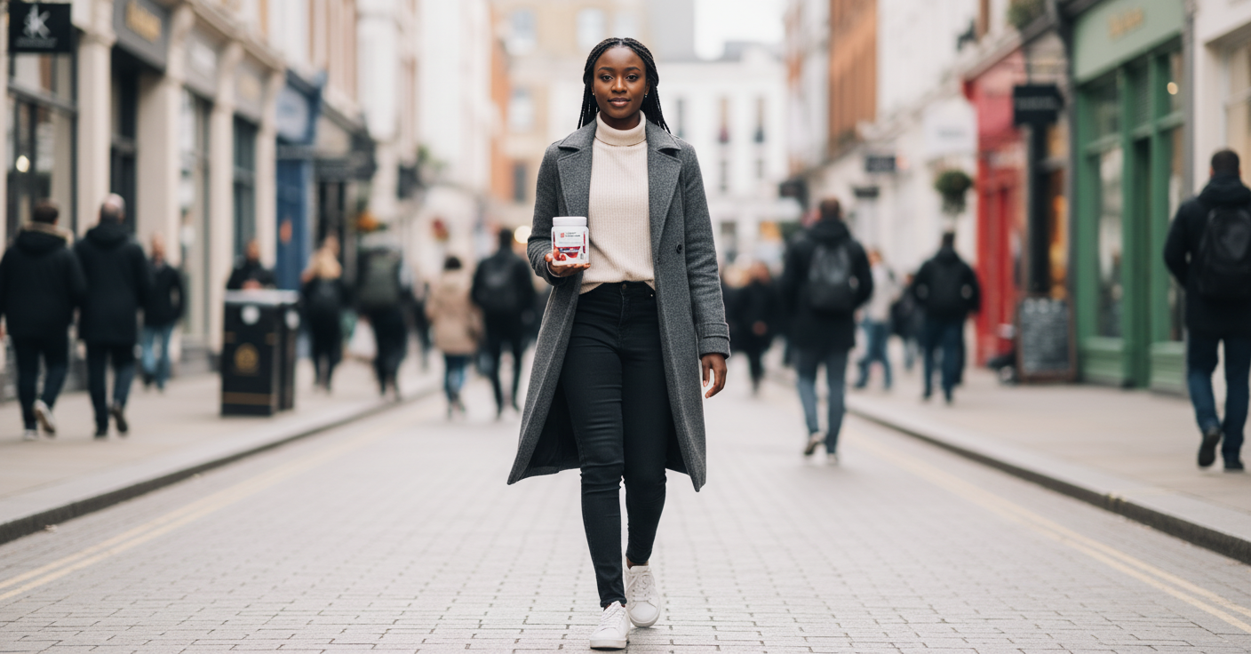 Young woman walking on a busy high street holding YouLoseWeightNow! D-Mannose Cranberry Flow Surge supplement pot
