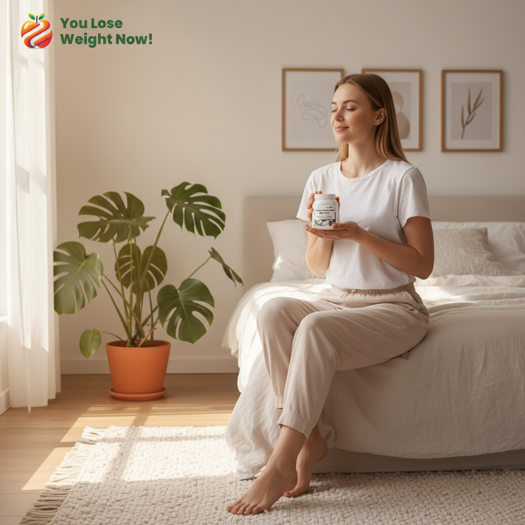 A young White woman sits on the side of her bed in the morning looking refreshed, radiant and ready to start the day, holding the Lavender Ashwagandha Night Calm flat postal pot. Beautiful bedroom with framed pictures, green plant and soft rug. The YouLoseWeightNow! logo is visible in the top left corner of the image.