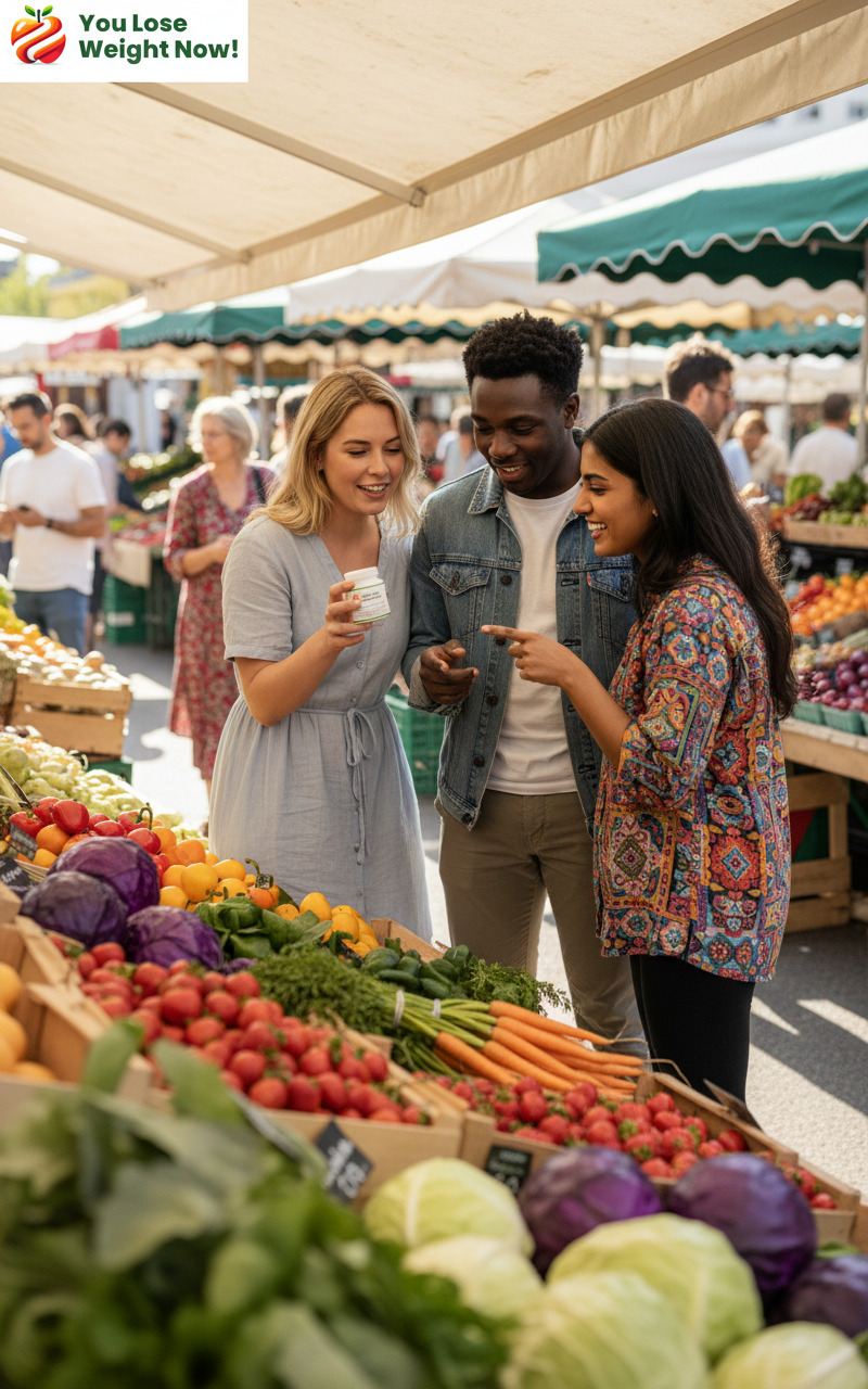 A group of three friends at a vibrant outdoor farmers market — a White woman, a Black man, and a South Asian woman — one holding up the YouLoseWeightNow! Aloe Cayenne Bowel Cleanse pot with curiosity and amusement. The YouLoseWeightNow! logo is visible in the top left corner of the image.