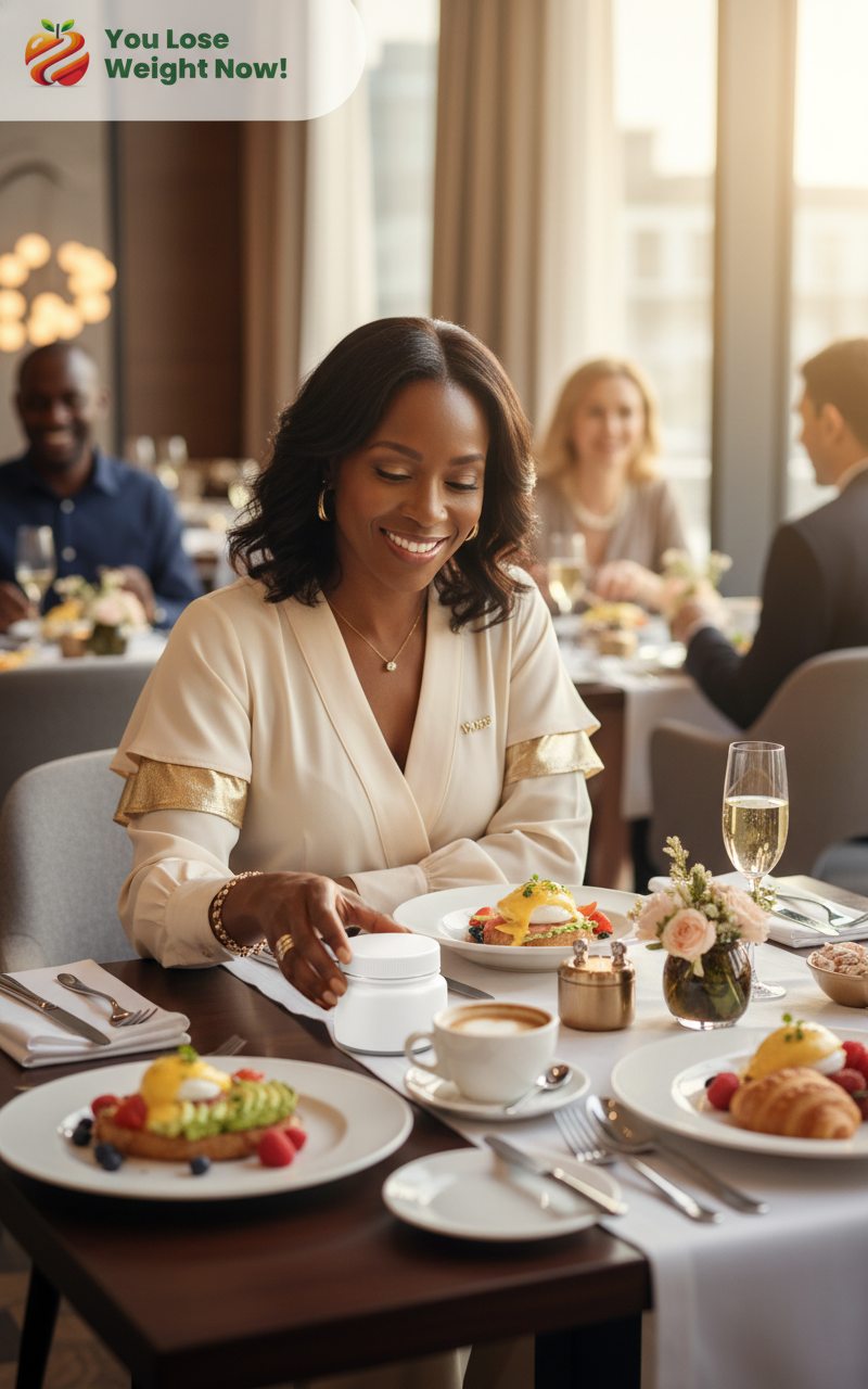 A sophisticated Black woman in her mid 40s at a stylish weekend brunch table with friends, placing the YouLoseWeightNow! Omega 3-6-9 Vitamin E supplement pot next to her coffee cup. The YouLoseWeightNow! logo is visible in the top left corner of the image.