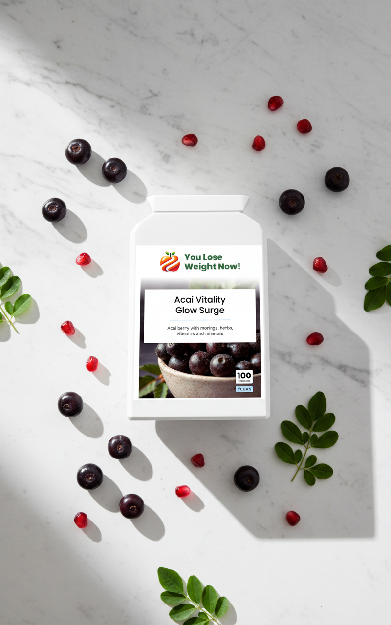 Acai Vitality Glow Surge supplement bottle with key ingredients – multi-complex formula – YouLoseWeightNow!