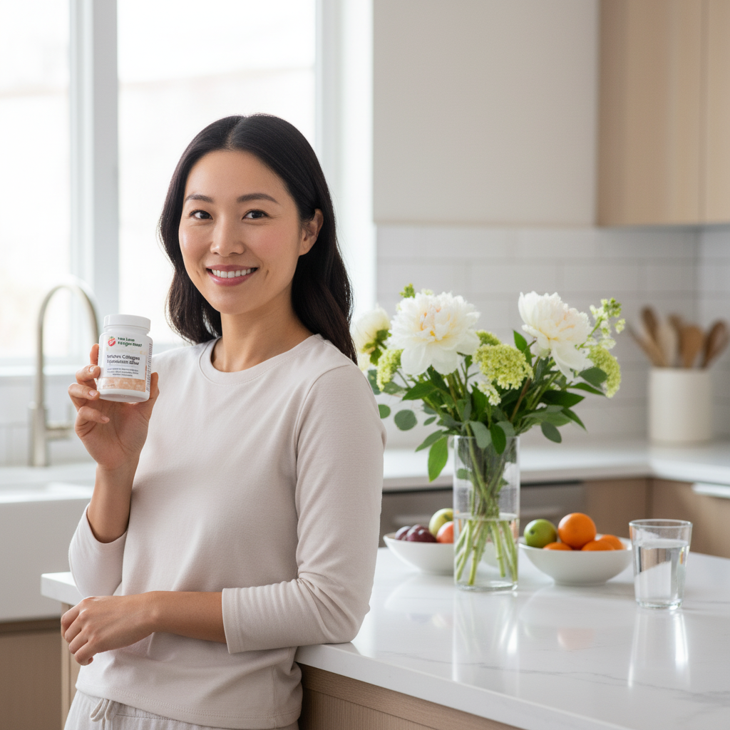 East Asian woman in bright morning kitchen holding YouLoseWeightNow! Marine Collagen Hyaluronic Glow supplement, fresh flowers on counter — radiant skin, morning wellness routine