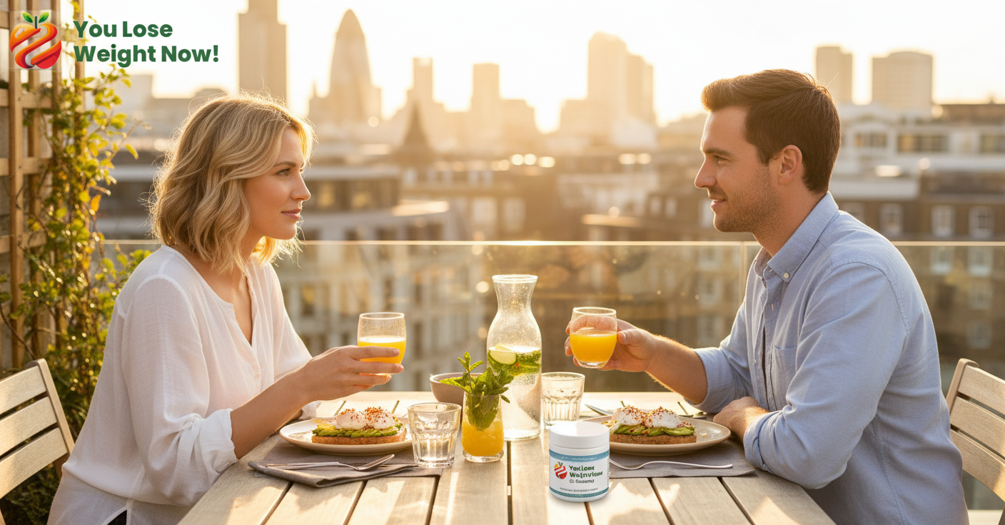 A stylish White couple in their late 20s enjoy a sun-drenched rooftop brunch in London with the Zinc Caprylic GI Cleanse flat postal pot on the table beside fresh juice and avocado toast, city skyline in the background. The YouLoseWeightNow! logo is visible in the top left corner of the image.