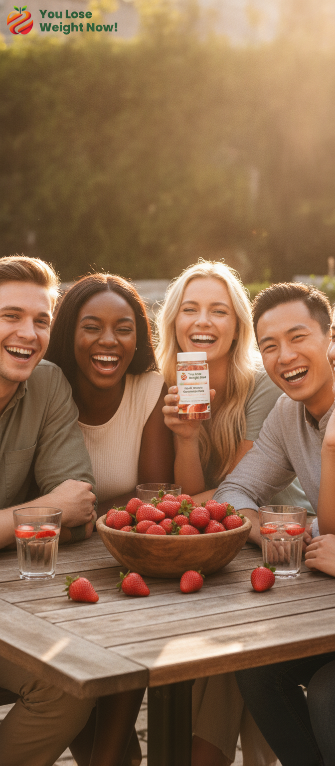 Five friends — two White women, one Black woman, one White man, one East Asian man — laugh and share fresh strawberries at a rustic outdoor table on a sunny afternoon. One woman holds a Multi Vitamin Gummies Glow bottle. The YouLoseWeightNow! logo is visible in the top left corner of the image.