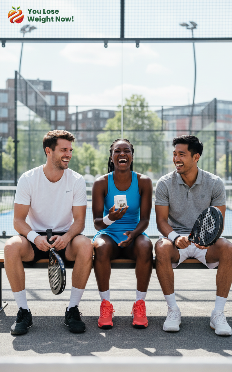 Three friends in their mid-20s — one White male, one Black female, one South Asian male — laugh together courtside at a padel tennis court, rackets in hand, one holding the Multi-Mushroom Lion's Mane Surge flat supplement pot by YouLoseWeightNow!, bright outdoor urban sports club setting, bold editorial lifestyle photography. The YouLoseWeightNow! logo is visible in the top left corner of the image.