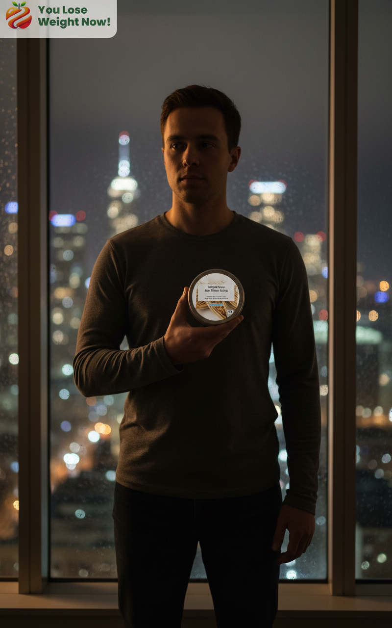 A young White male standing at a floor-to-ceiling apartment window at night with a glowing city skyline behind him, holding the Nattokinase Sea Moss Surge flat supplement pot. The YouLoseWeightNow! logo is visible in the top left corner of the image.