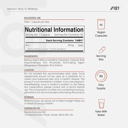 Zinc Picolinate 25Mg – 90 Vegan Capsules (3 Months Supply) – 250% Daily NRV - El