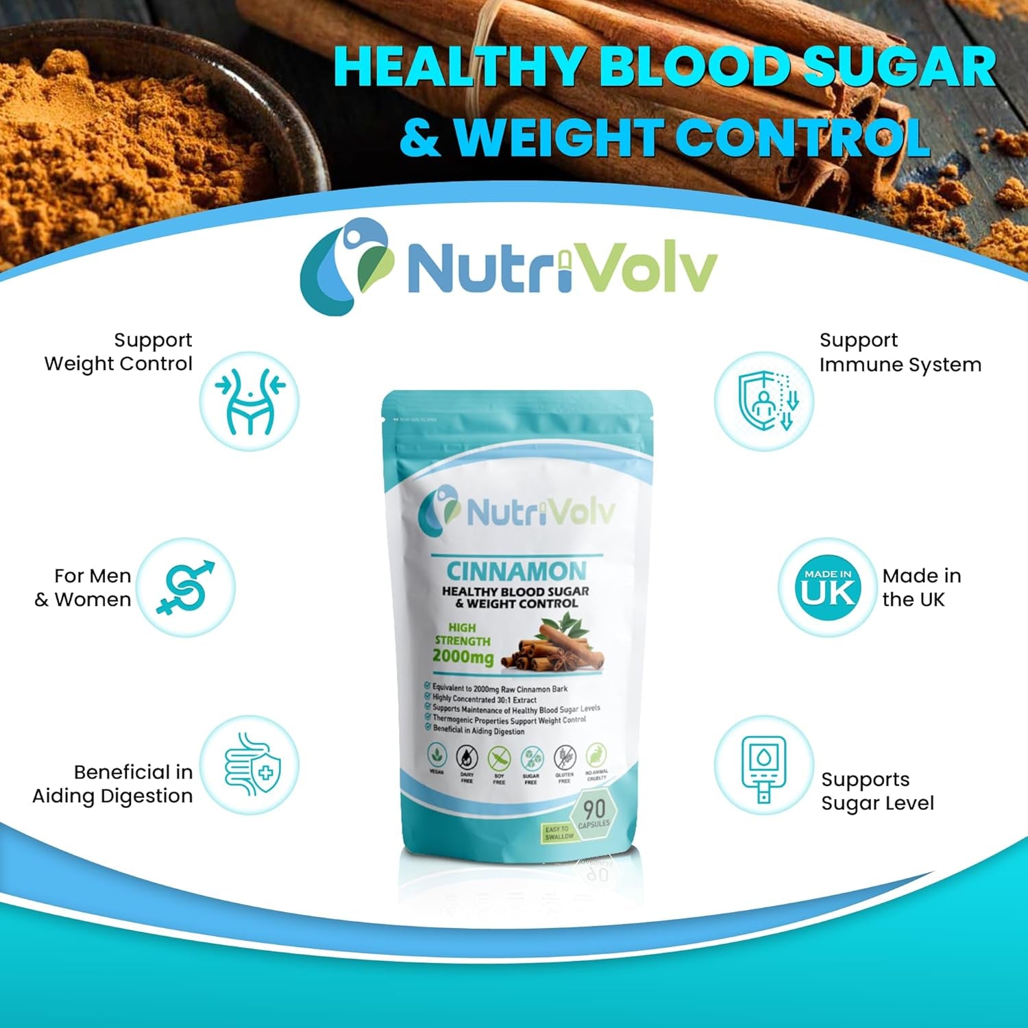 Cinnamon 2000Mg Herbal Supplement Supports Healthy Blood Sugar Glucose Levels, M