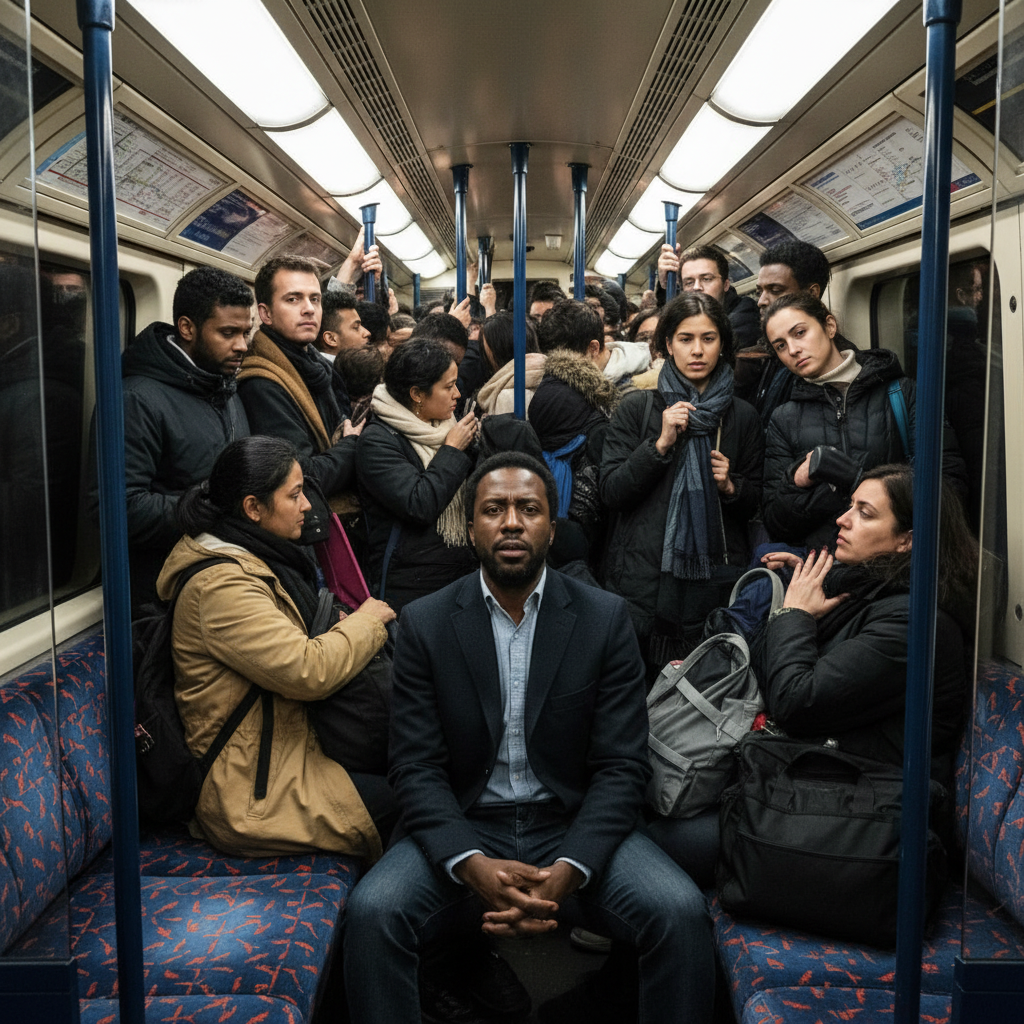 Black male commuter looking stressed on a packed London Underground rush hour tube train
