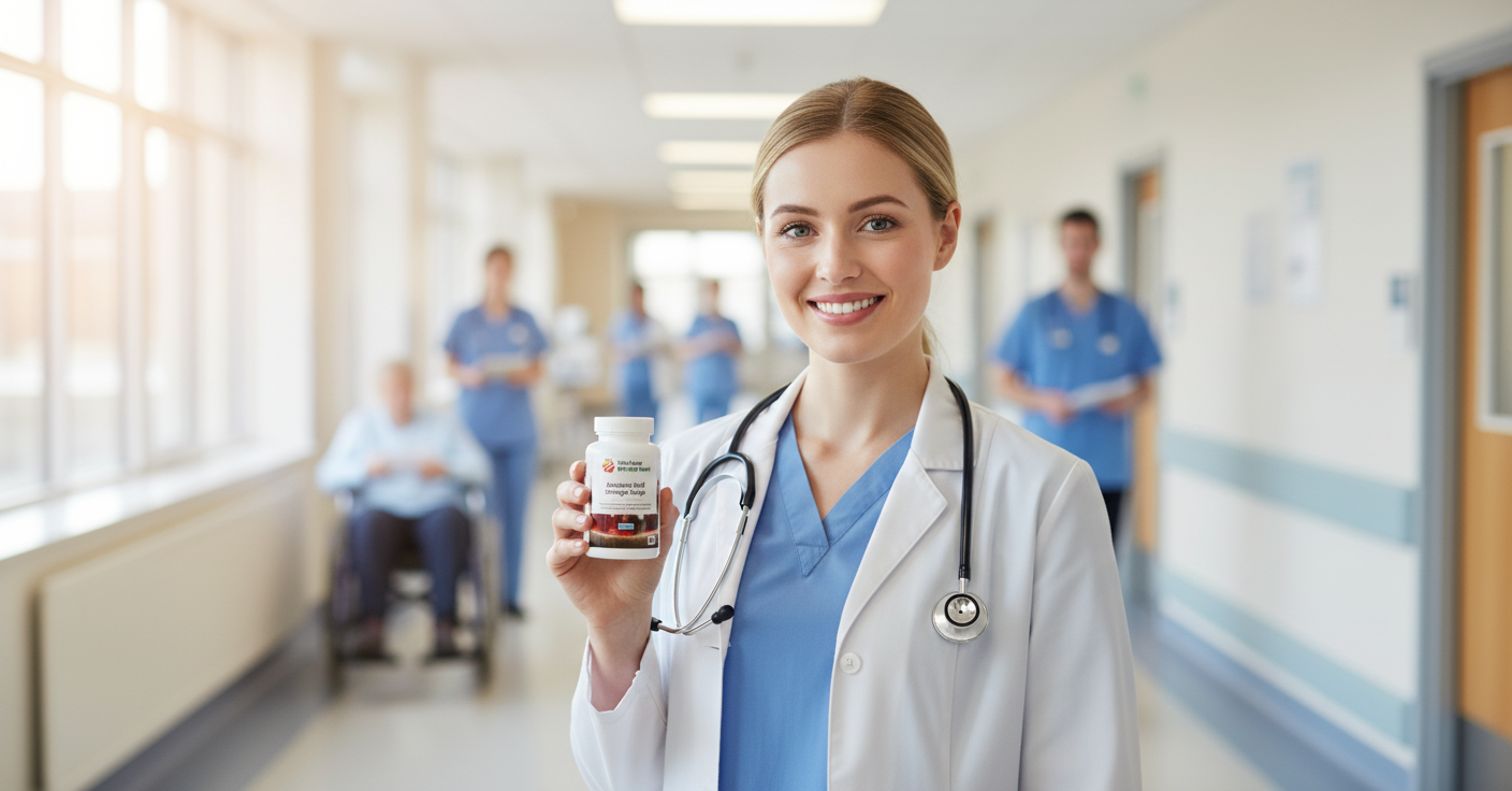 Female nurse in a hospital corridor holding Antarctic Krill Oil Omega Surge supplement — trusted by healthcare professionals — YouLoseWeightNow!