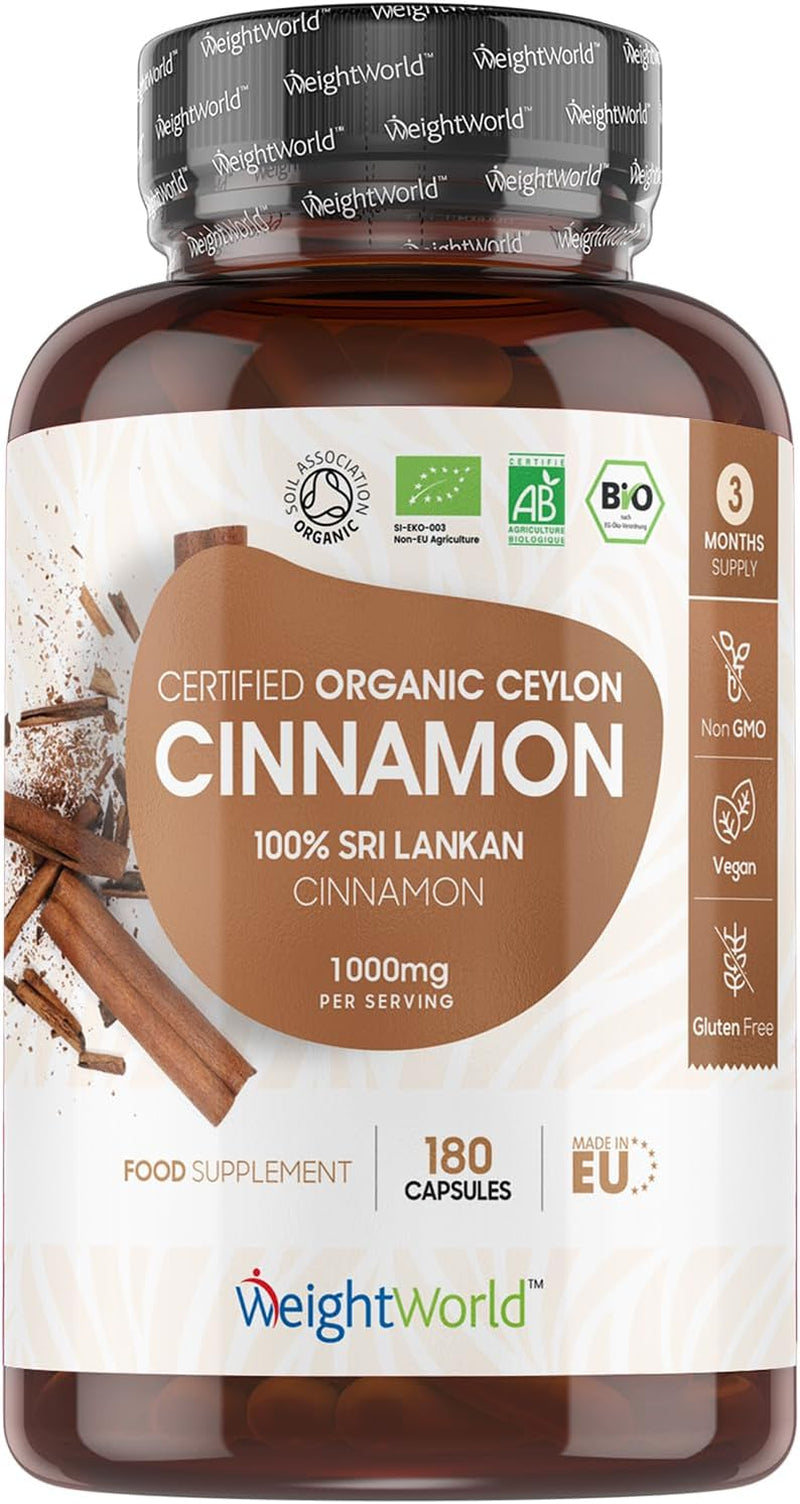 Organic Cinnamon Capsules 1000Mg - 180 Vegan Capsules - 3 Months Supply - Ceylon Cinnamon Powder - Soil Association Certified Supplement - GMO & Gluten Free
