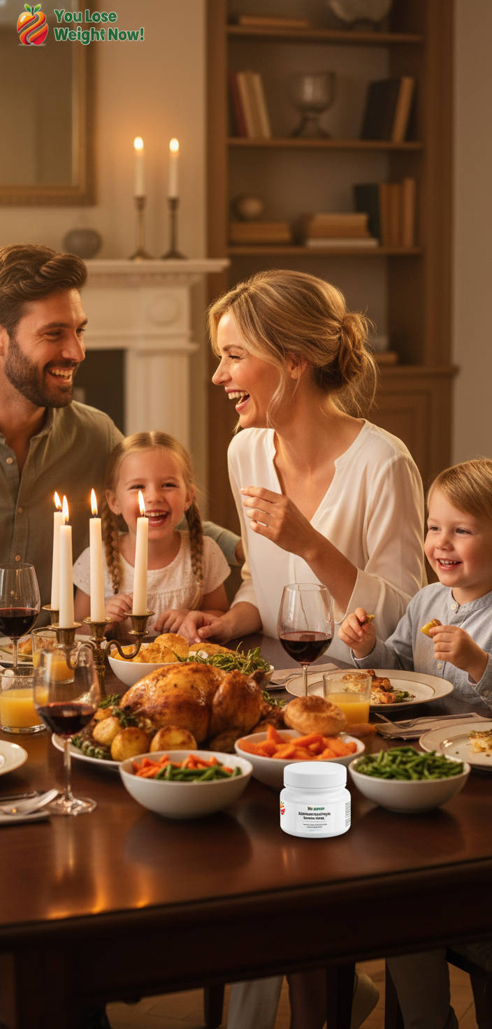 A warm family dinner scene with a White woman in her late twenties, her partner and two young children laughing around a beautifully set dining table, with the YouLoseWeightNow! supplement pot beside a glass of water. The YouLoseWeightNow! logo is visible in the top left corner of the image.
