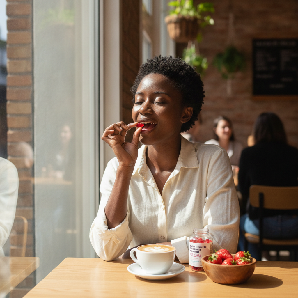 A Black woman sits at a bright café table by a large window, popping a gummy from a Multi Vitamin Gummies Glow bottle into her mouth, eyes closed, expression of pure enjoyment. Fresh strawberries and a flat white coffee on the table in front of her.