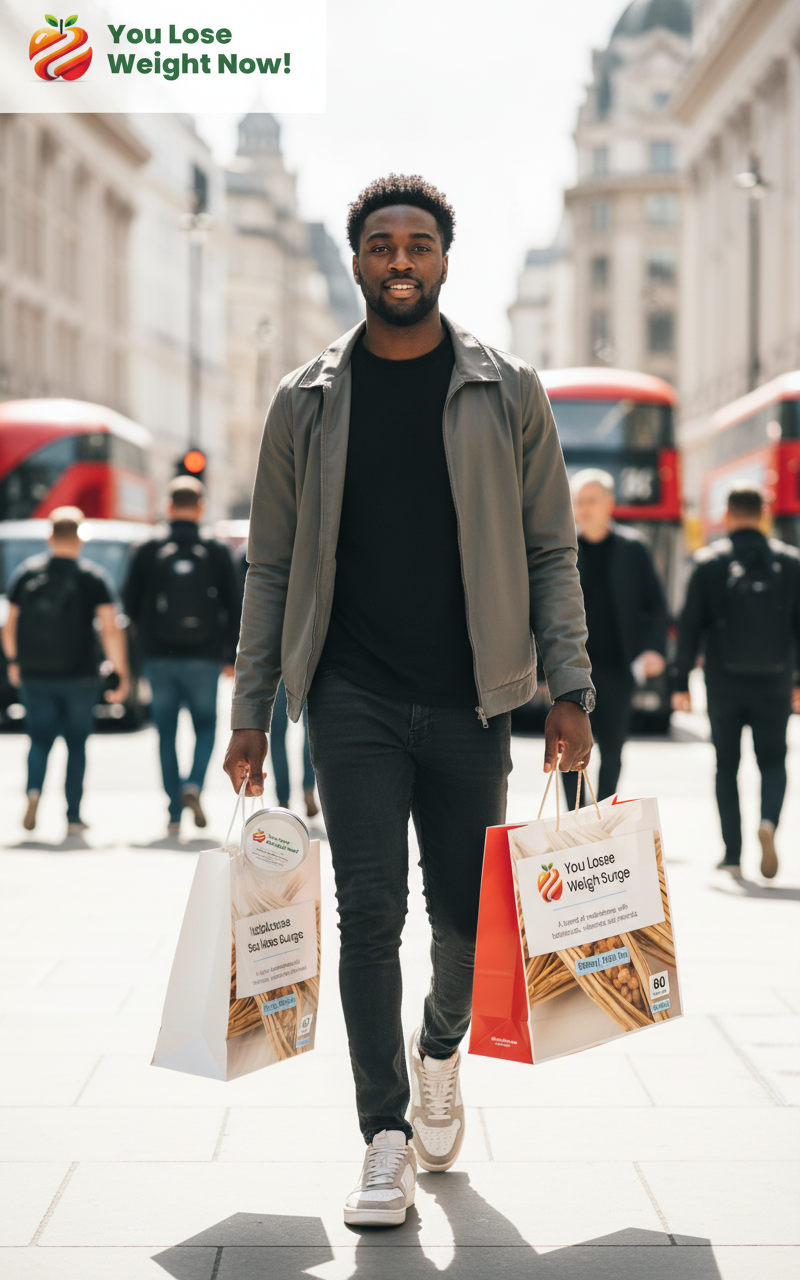 A young Black male walking confidently down a busy London high street carrying shopping bags with the YouLoseWeightNow! logo visible on the bags, holding the Nattokinase Sea Moss Surge flat supplement pot. The YouLoseWeightNow! logo is visible in the top left corner of the image.