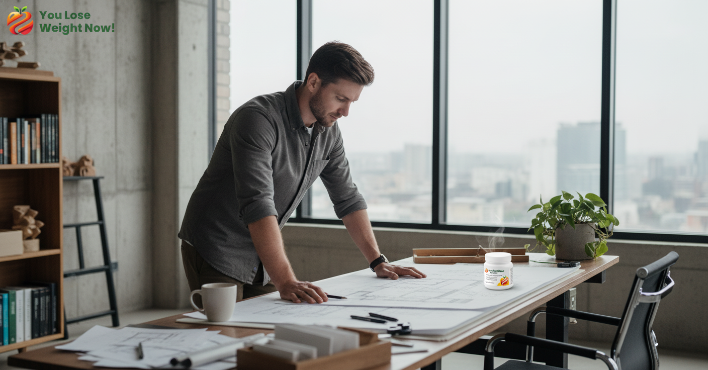 A solo White man in his early 30s leans over a large architectural drawing board in a stunning studio with exposed concrete and floor-to-ceiling bookshelves. The Turmeric Curcumin Zinc Surge pot sits on the desk beside a coffee cup and trailing plant. The YouLoseWeightNow! logo is visible in the top left corner of the image.