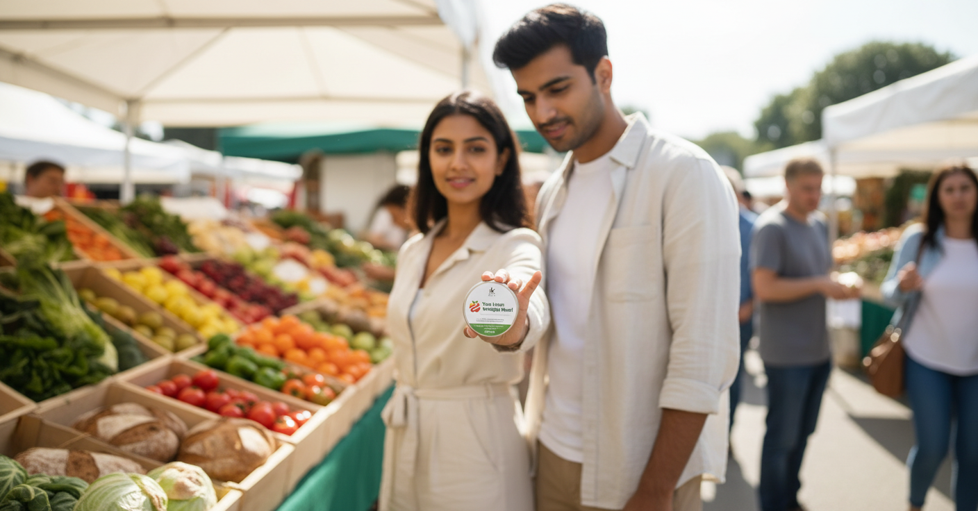 A South Asian couple browsing a busy farmers market, one holding the YouLoseWeightNow! Saccharomyces Boulardii Gut Flow flat supplement pot