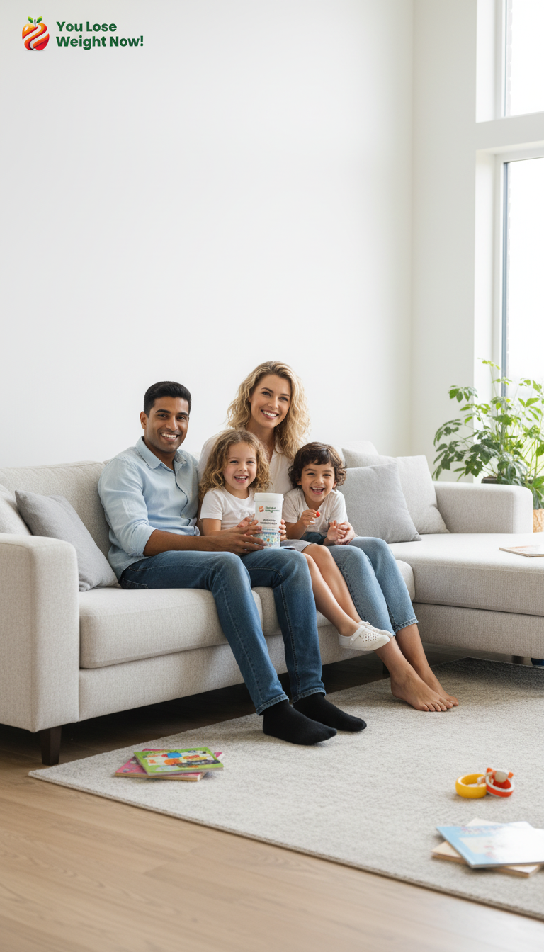 A mixed-race family relaxing together on a sofa in a bright modern living room, the mother holding the YouLoseWeightNow! Kids Live Cultures Flow supplement pot. The YouLoseWeightNow! logo is visible in the top left corner of the image.
