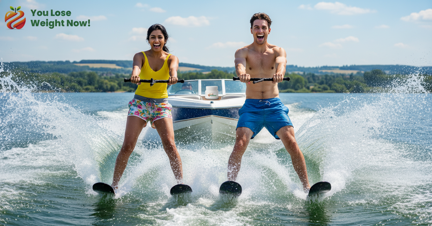 A young White man and his South Asian wife waterski side by side on a sun-drenched lake, spray flying, huge grins on their faces, with the YouLoseWeightNow! supplement pot visible on the speedboat dashboard in the background. The YouLoseWeightNow! logo is visible in the top left corner of the image.