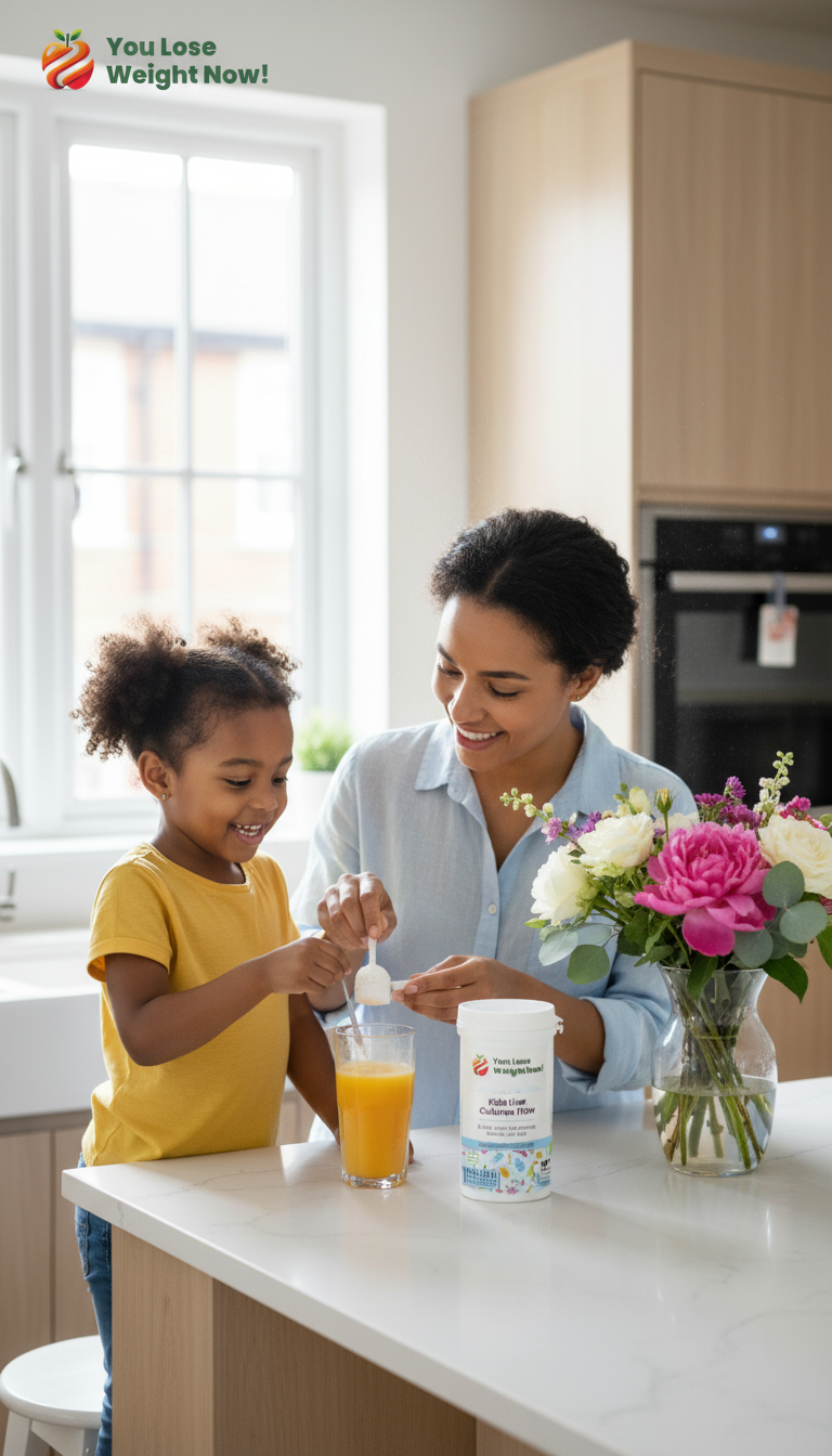 A Black mother and her young daughter in a bright modern kitchen, the YouLoseWeightNow! Kids Live Cultures Flow supplement pot visible on the counter. The YouLoseWeightNow! logo is visible in the top left corner of the image.
