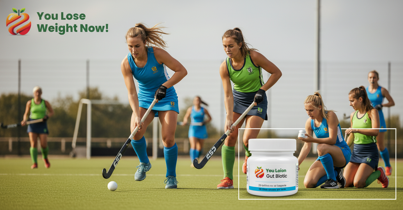 Two young White women playing field hockey on a grass pitch, mid-game action shot, one player holding a tiny flat wide-lidded YouLoseWeightNow! 20 Billion Gut Biotic supplement pot during a break at the sideline. The YouLoseWeightNow! logo is visible in the top left corner of the image.