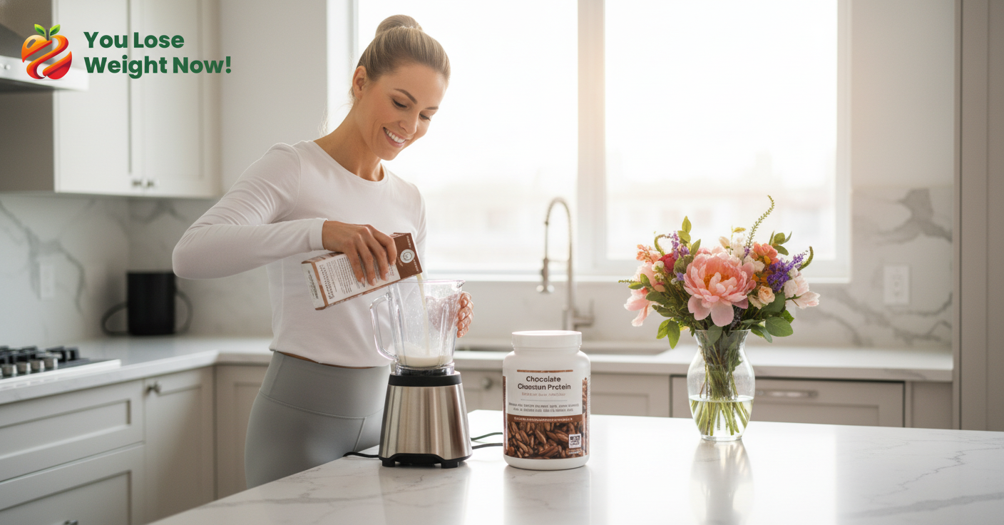 A fit, glowing White woman, early 30s, in a bright modern kitchen making a chocolate protein shake, the 1500ml white round barrel supplement pot beside the blender on the counter, a vase with beautiful fresh flowers on the kitchen counter, warm natural morning light, editorial lifestyle quality. The YouLoseWeightNow! logo is visible in the top left corner of the image.