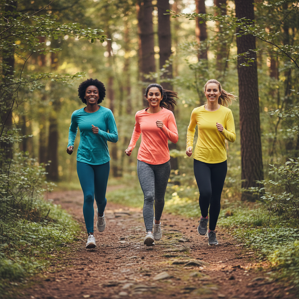 Three women running together on a forest trail — YouLoseWeightNow! D-Mannose Cranberry Flow Surge