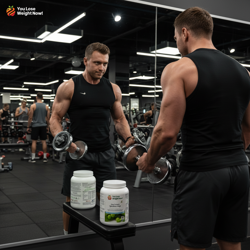 A White man in his late 20s training his biceps with dumbbells at the gym, looking at himself in the mirror with a focused, confident expression, the YouLoseWeightNow! Pea Protein Spirulina Surge white round barrel pot visible on the bench beside him. The YouLoseWeightNow! logo is visible in the top left corner of the image.