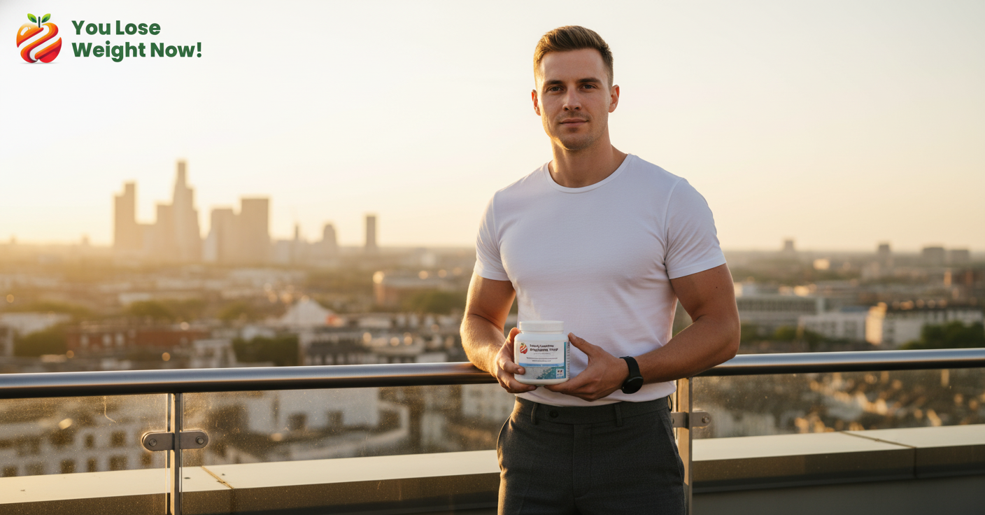 A lean, athletic White male in his late twenties stands on a sun-drenched rooftop terrace at golden hour, holding the YouLoseWeightNow! Pure Creatine Monohydrate Surge pot, looking confidently into the camera with a city skyline behind him. The YouLoseWeightNow! logo is visible in the top left corner of the image.