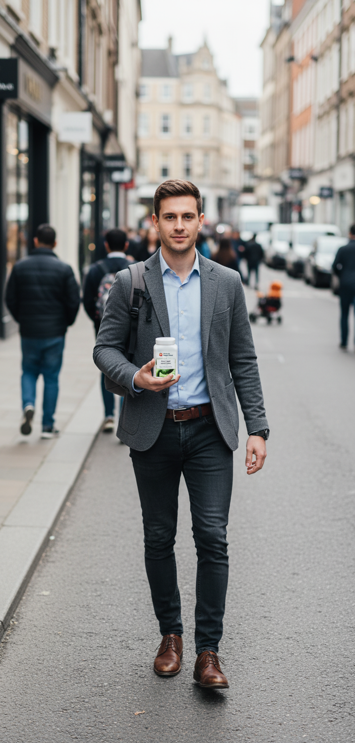 White male walking on a busy high street holding Apple Cider Enzyme Flow by YouLoseWeightNow! flat supplement pot, on-the-go lifestyle