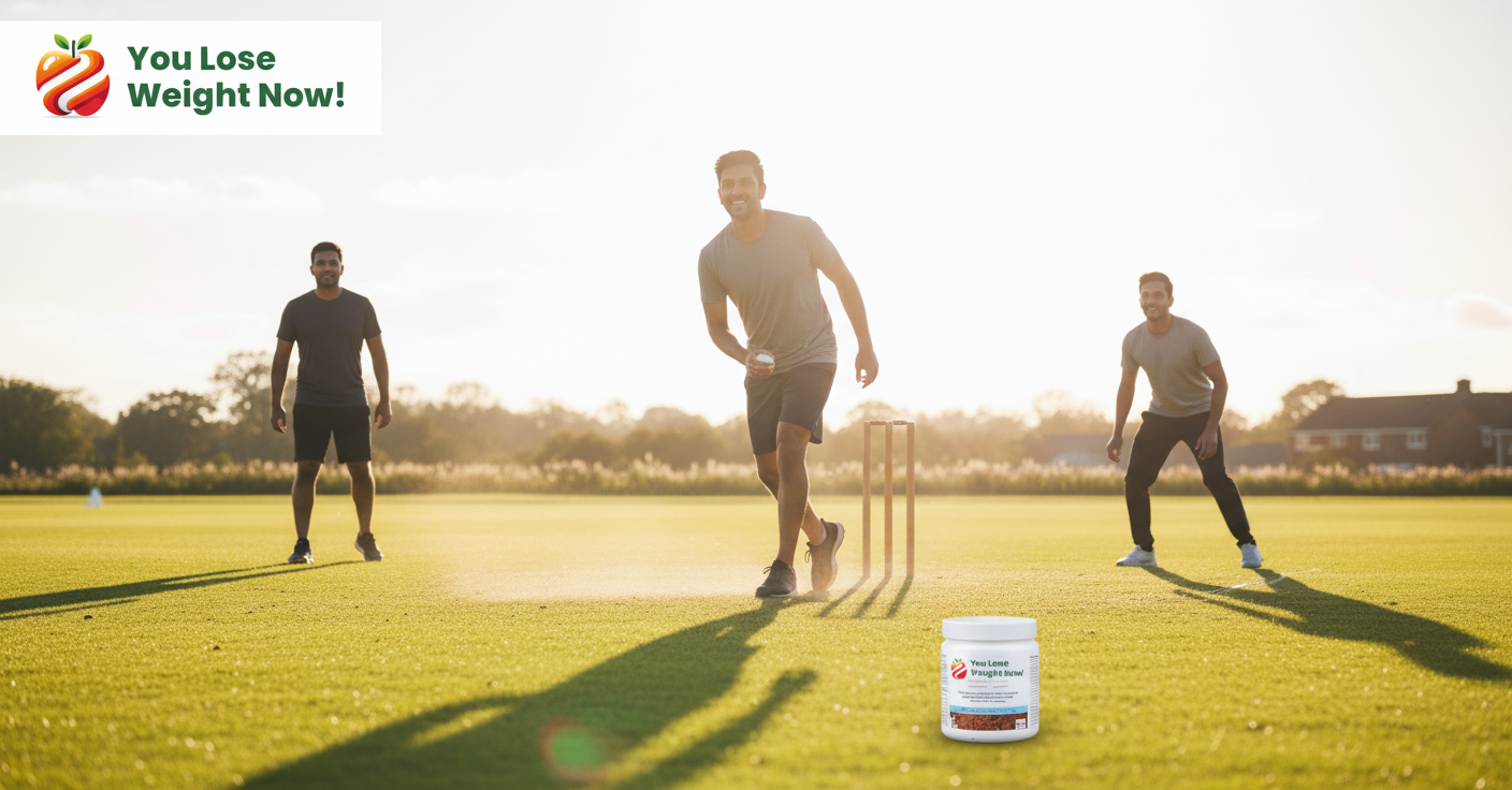 Three South Asian men in their mid-20s to early 30s play cricket on a sunny afternoon — one batting, one bowling, one fielding. The YouLoseWeightNow! Lean Meal Protein Shake round pot sits on the grass at the boundary edge, label visible. Joyful, energetic, sun-drenched editorial photography. The YouLoseWeightNow! logo is visible in the top left corner of the image.