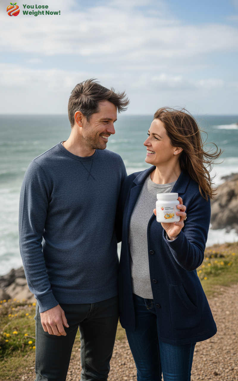 A White couple in their early 40s on a breezy coastal walk, one partner holding the YouLoseWeightNow! Omega 3-6-9 Vitamin E supplement pot, smiling at each other. The YouLoseWeightNow! logo is visible in the top left corner of the image.