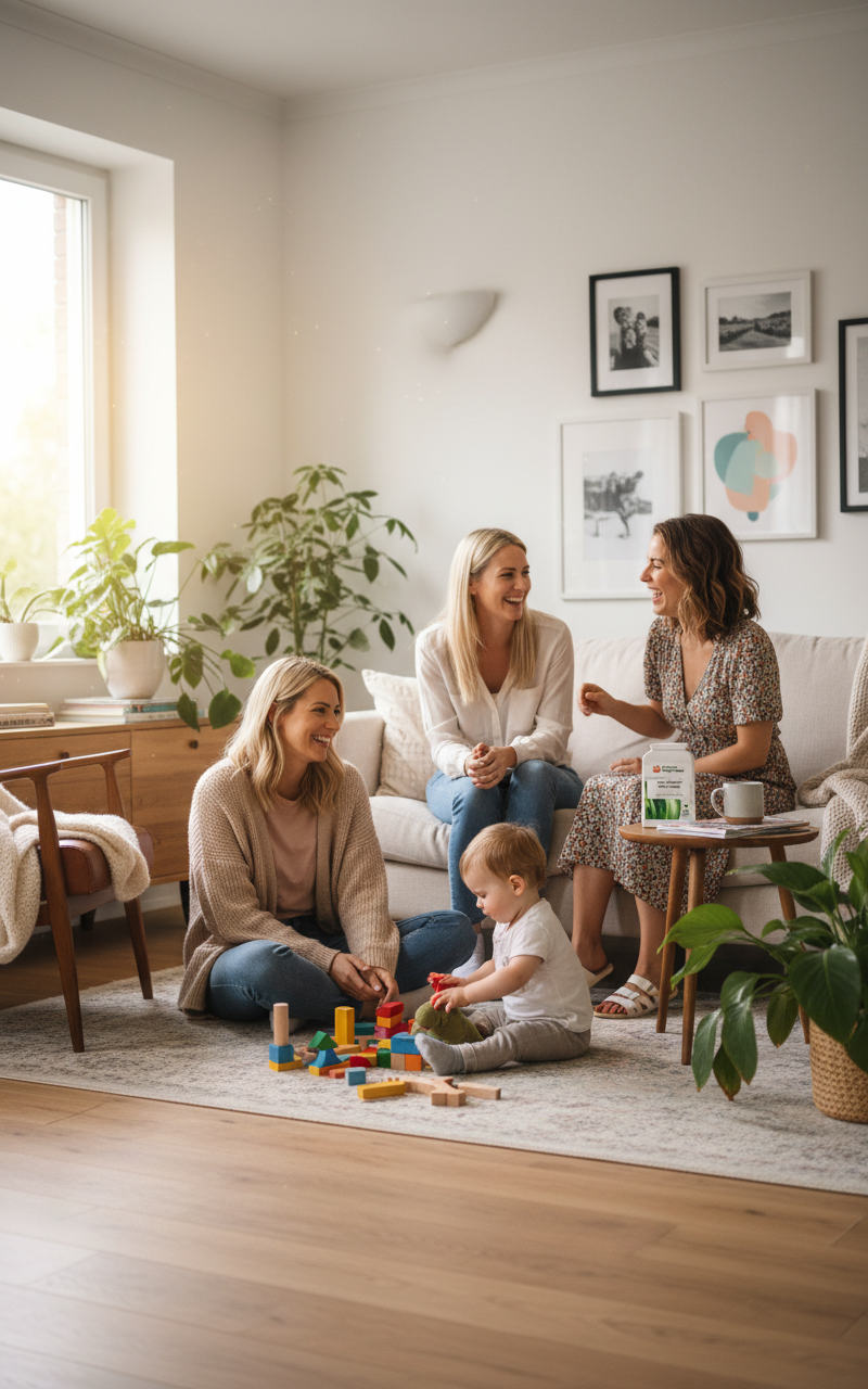 Three White women friends with a young child in a cosy family living room, plants and pictures on the wall, YouLoseWeightNow! Colon Cleanse Herbal Surge supplement visible on shelf