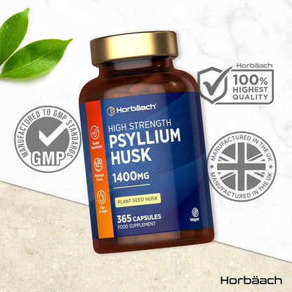 Psyllium Husk Capsules 1400Mg | Fibre Supplement | 365 Vegan Capsules (6-Month Supply) | High Strength Psyllium Husk Powder | Natural Prebiotic | by