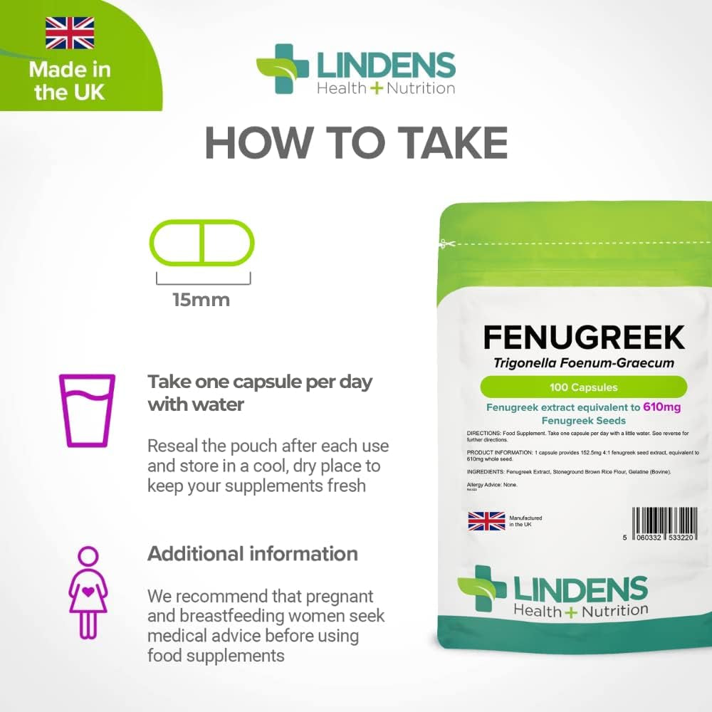 - Fenugreek 610Mg - 100 Capsules - One-A-Day - UK Made - Rich in Saponins (3+ Months Supply), Natural Herbal Food Supplement in Rapid Release, Easy to Swallow Capsule - Letterbox Friendly