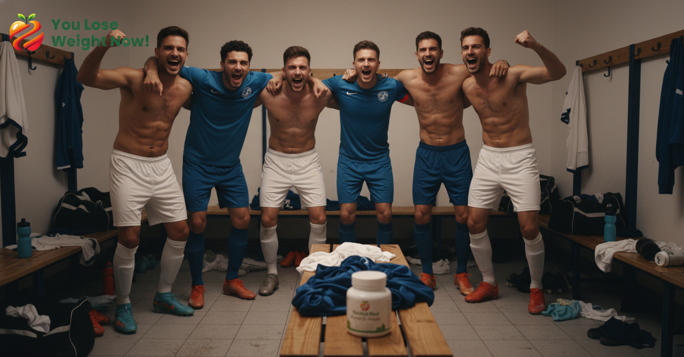 Six male footballers aged 18-25, majority White with mixed ethnicities, celebrating a win in a football changing room — laughing, cheering, arms around each other, pure elation. The YouLoseWeightNow! logo is visible in the top left corner of the image.