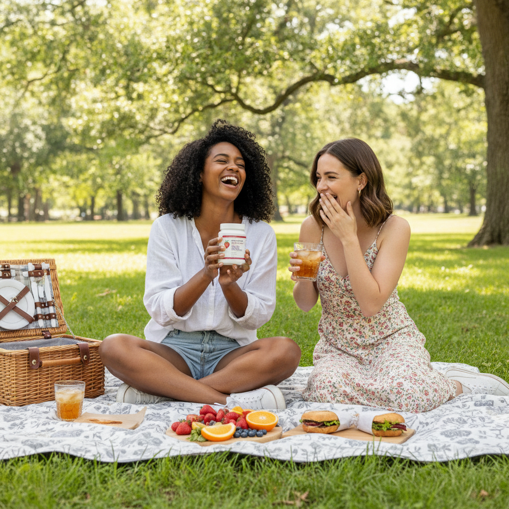 Two women enjoy a sunny park picnic, one holding the Fibre Full Gut Flow round supplement pot. YouLoseWeightNow!