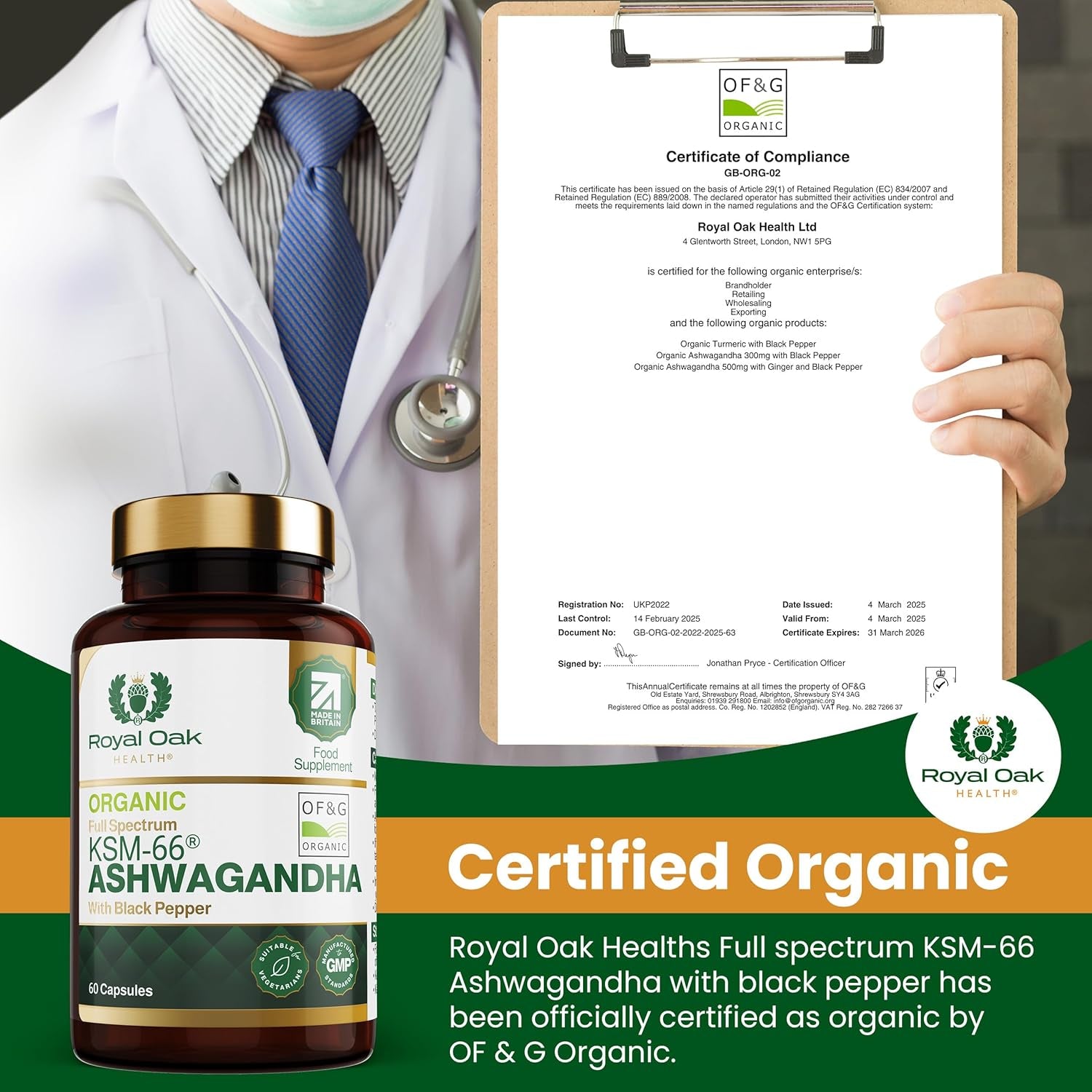 Organic High Concentration Full Spectrum KSM-66 ASHWAGANDHA with 5% Withanolides and Black Pepper, Made in Britain by , 60 Capsules