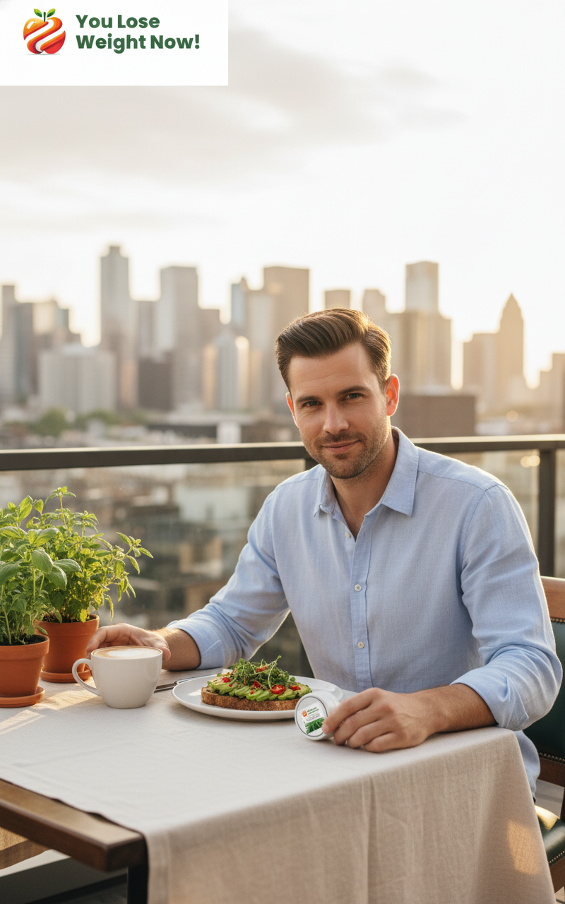 A stylish White man in his early 30s at a rooftop brunch table with a city skyline behind him, placing the YouLoseWeightNow! Aloe Cayenne Bowel Cleanse pot next to his coffee and avocado toast. The YouLoseWeightNow! logo is visible in the top left corner of the image.