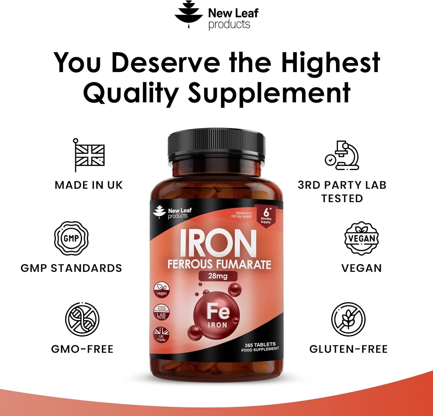 Gentle Iron Tablets 28Mg High Strength Ferrous Fumarate Iron - Vegan Iron Supplements for Men and Womens Health - Reduction in Tiredness and Fatigue, Supports Immune, Health and Energy