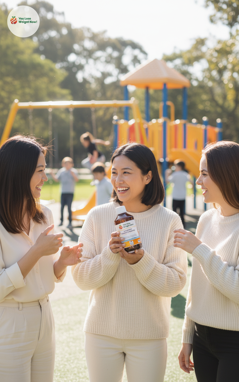 Three East Asian women at a sunny playground, one holding the YouLoseWeightNow! Liposomal Vitamin C Rosehip Surge amber bottle, children playing in background, natural light