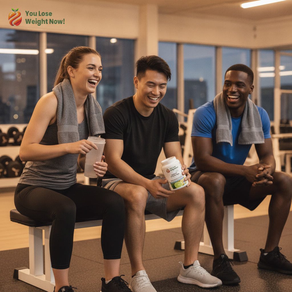 Three athletes — a White female, an East Asian male, and a Black male — all in their mid-twenties sit together on a gym bench after an intense workout session, laughing and catching their breath, the White female holding the BCAA 2:1:1 Citrulline Surge supplement pot. The YouLoseWeightNow! logo is visible in the top left corner of the image.