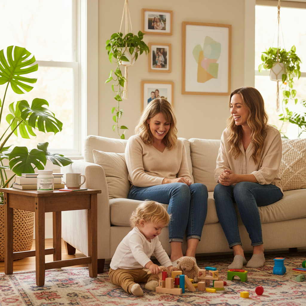 Two White women friends with young child in cosy family living room, YouLoseWeightNow! Glucomannan Fullness Ignite supplement visible on shelf — warm family wellness lifestyle