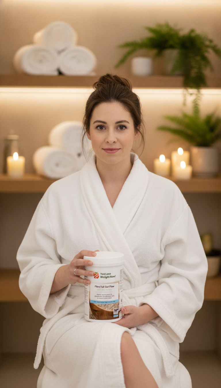 A White woman in a spa robe holds the Fibre Full Gut Flow round supplement pot in a calm, candlelit setting. YouLoseWeightNow!