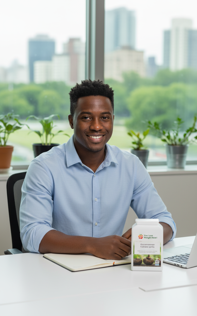 Black male professional at office desk with YouLoseWeightNow! Glucomannan Fullness Ignite supplement visible — gut health for busy professionals, plants in background