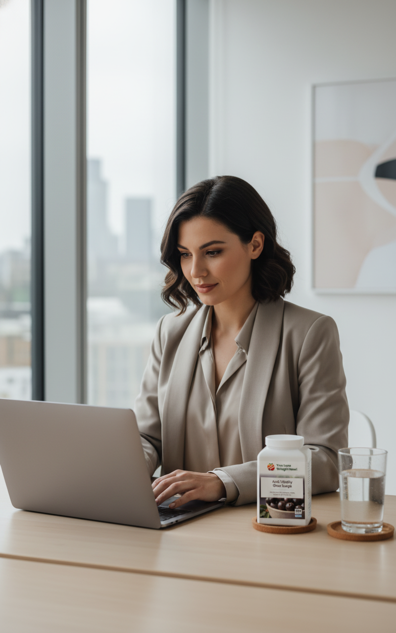 "Woman staying focused and energised at work with Acai Vitality Glow Surge – YouLoseWeightNow!"